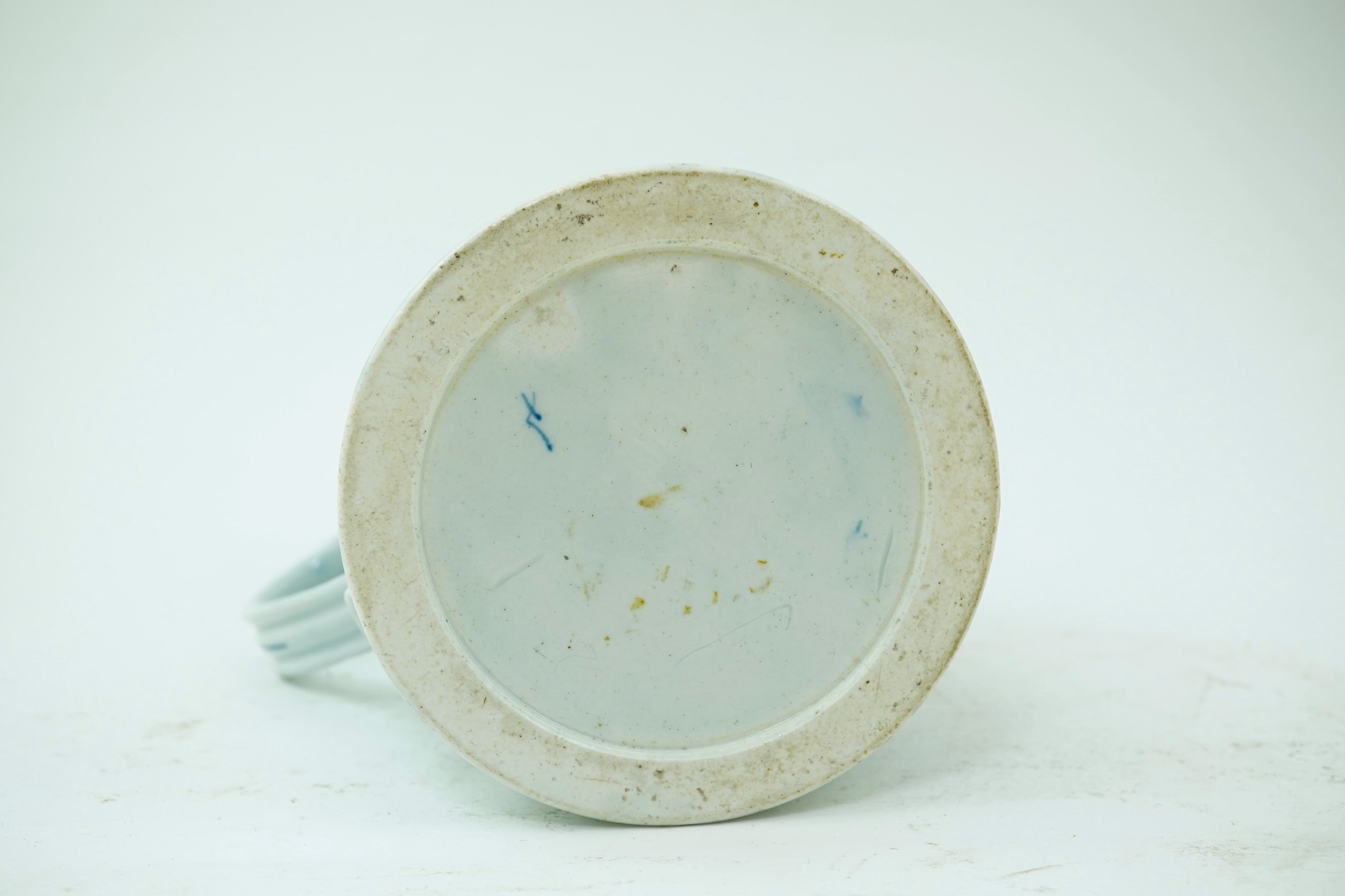 A large Worcester blue and white scratch cross type mug or tankard decorated in the Plantation pattern, c.1754-56